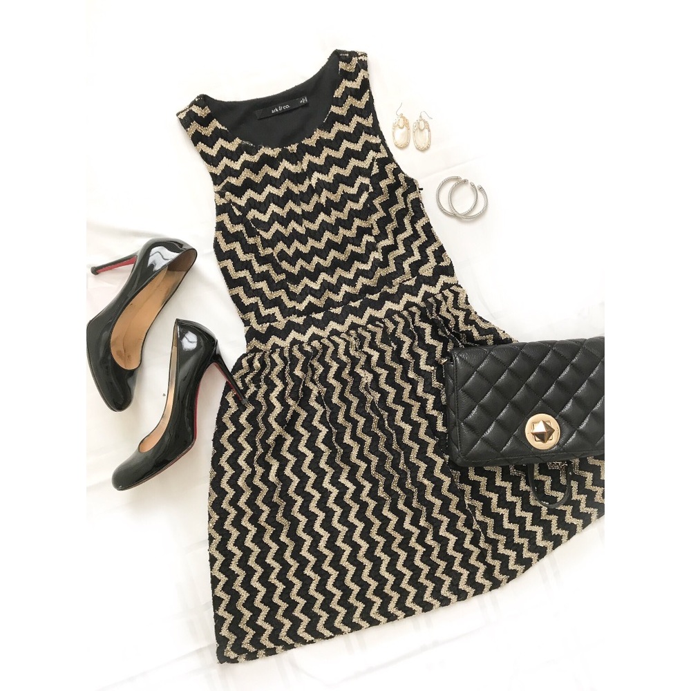 Black and gold chevron A line party dress